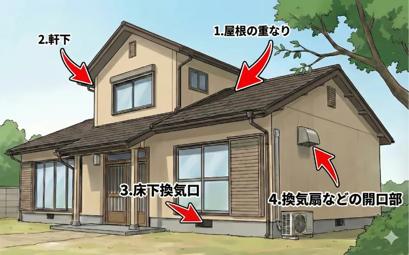 ハクビシンの侵入経路になりやすい住宅の場所